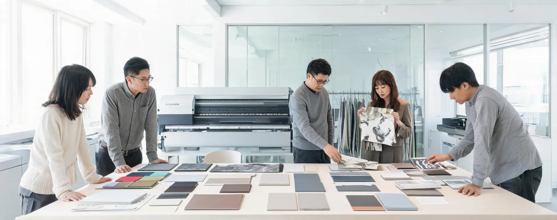 Application team reviewing wide-format print samples