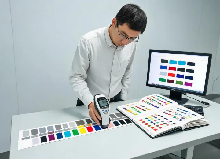 Color specialist measuring a printed control strip