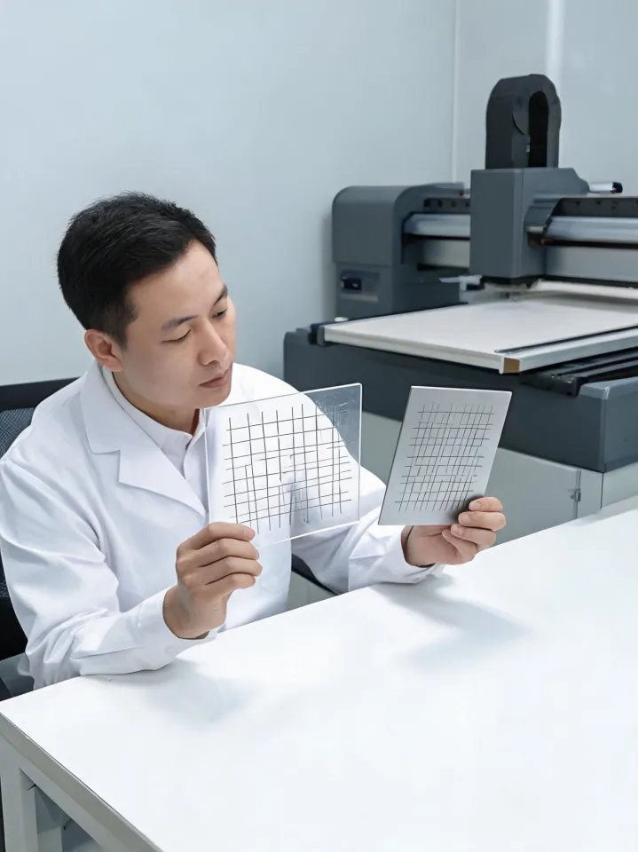 Application specialist inspecting adhesion test samples