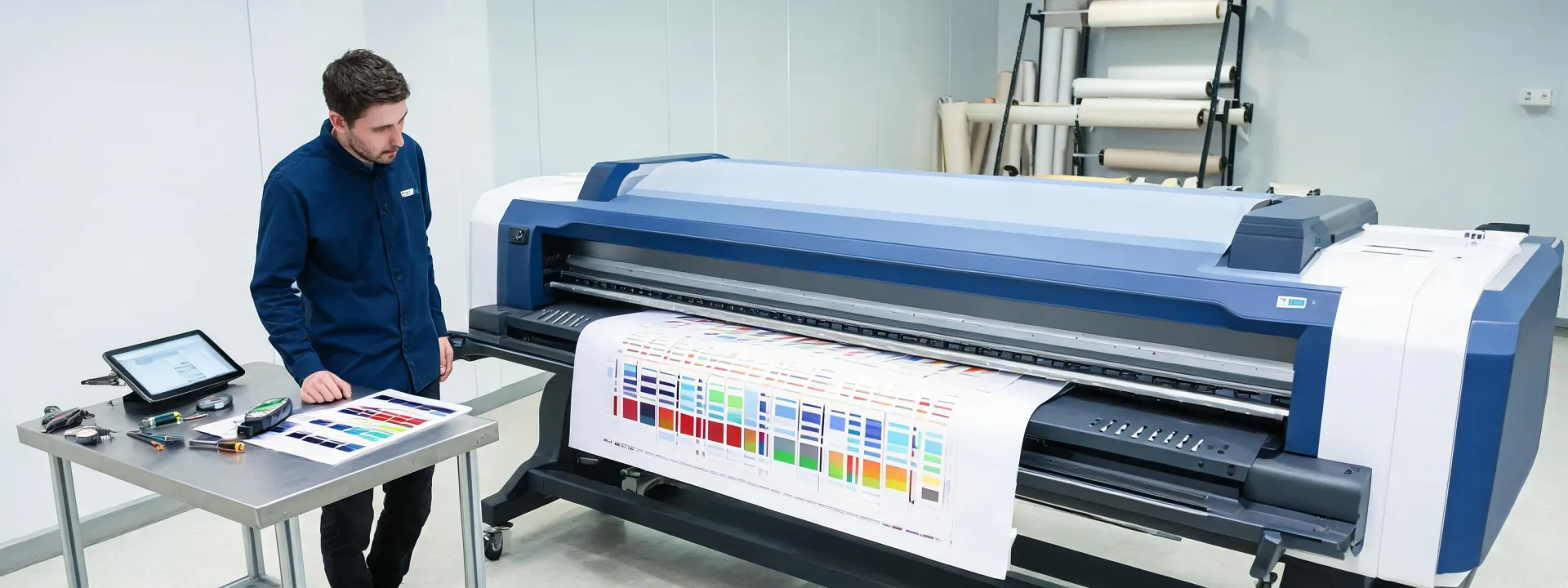 Technician validating a wide-format print workflow